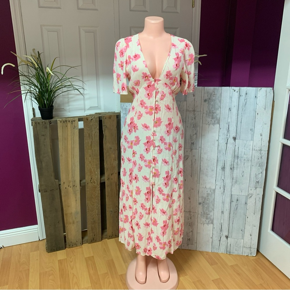 Zara Pink Button Front Midi Floral Dress Sz L